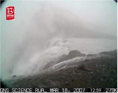 Almost an hour later the level of Crater Lake has fallen substantially and flow through the breach has waned.