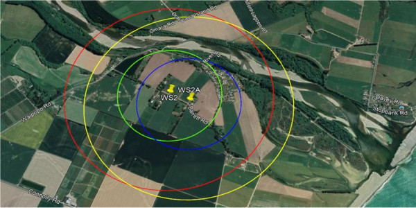 Whelen WPS2903 70dB sounding radius (Yellow), 80dB (Blue)
Original location shown for comparison re effective sounding radii